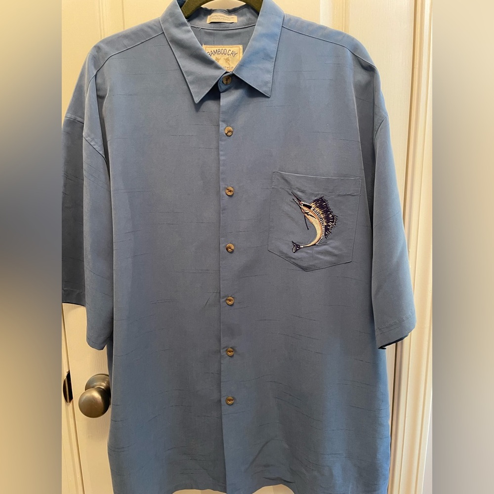 BAMBOO Cay Blue Button Down Shirt with Embroidered Fish